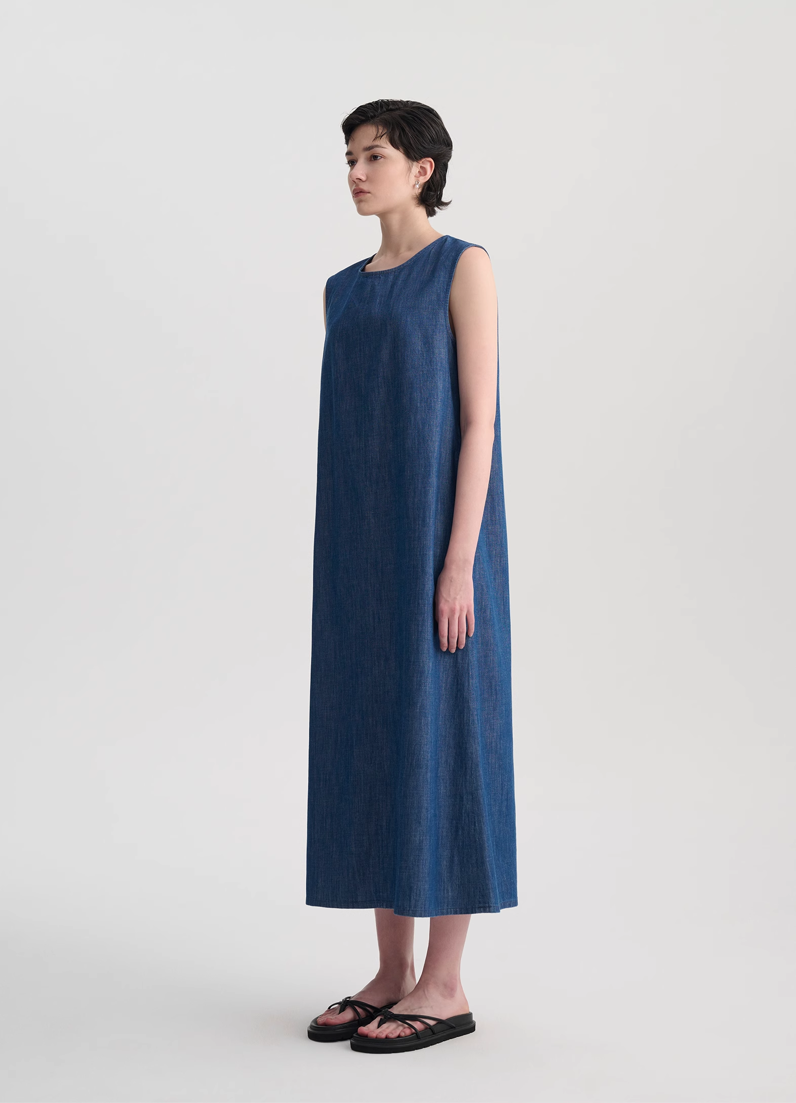 Back Tie Open-Back Denim Maxi Dress