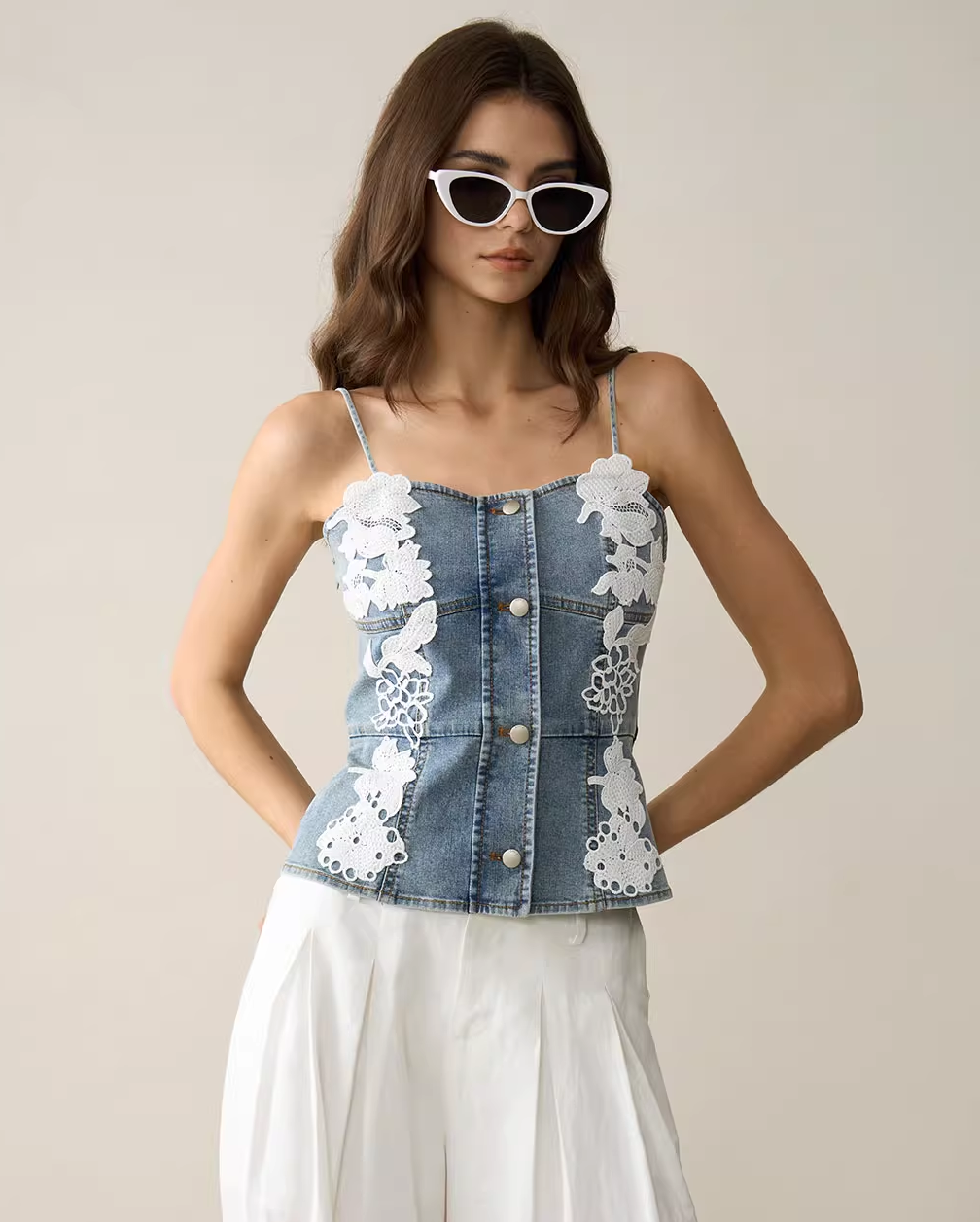 Lace-Trim Denim Cami Top