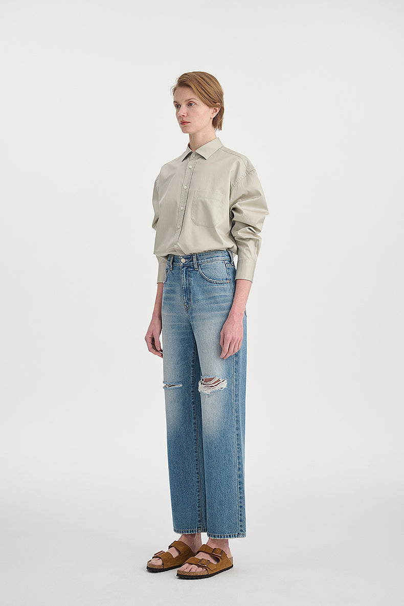 Vintage-Inspired Distressed Straight-Leg Jeans