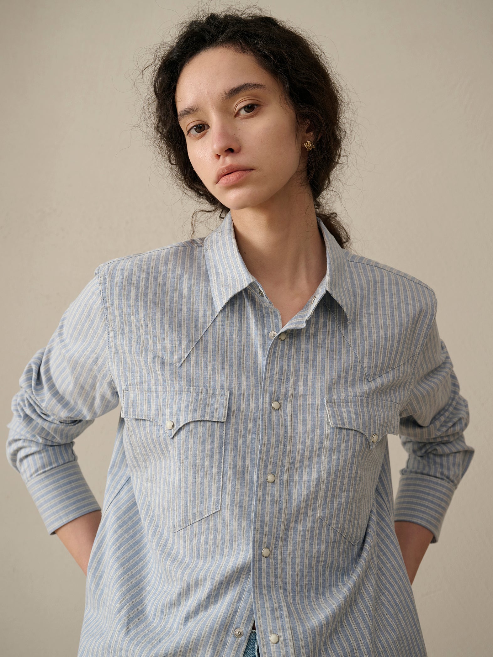 Vintage Stripe Long-Sleeve Shirt with Double Pockets