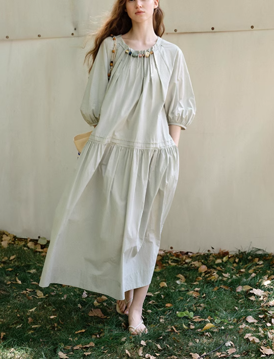 Beaded Puff Sleeve Midi Dress