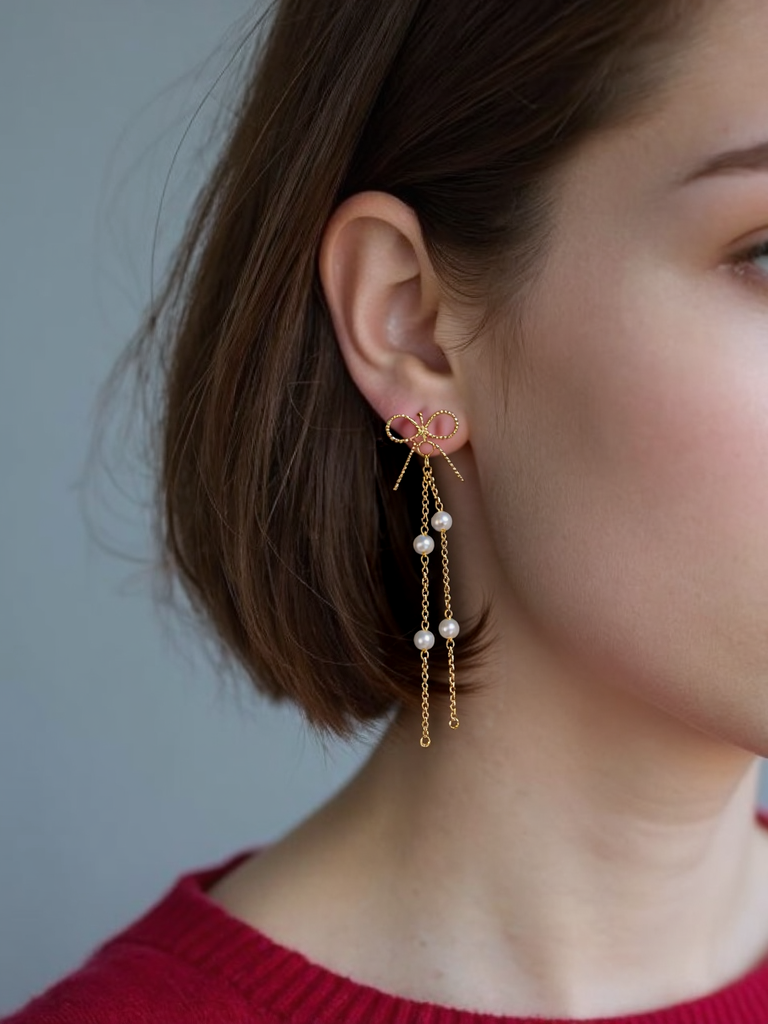 Long Bow Pearl Drop Earrings