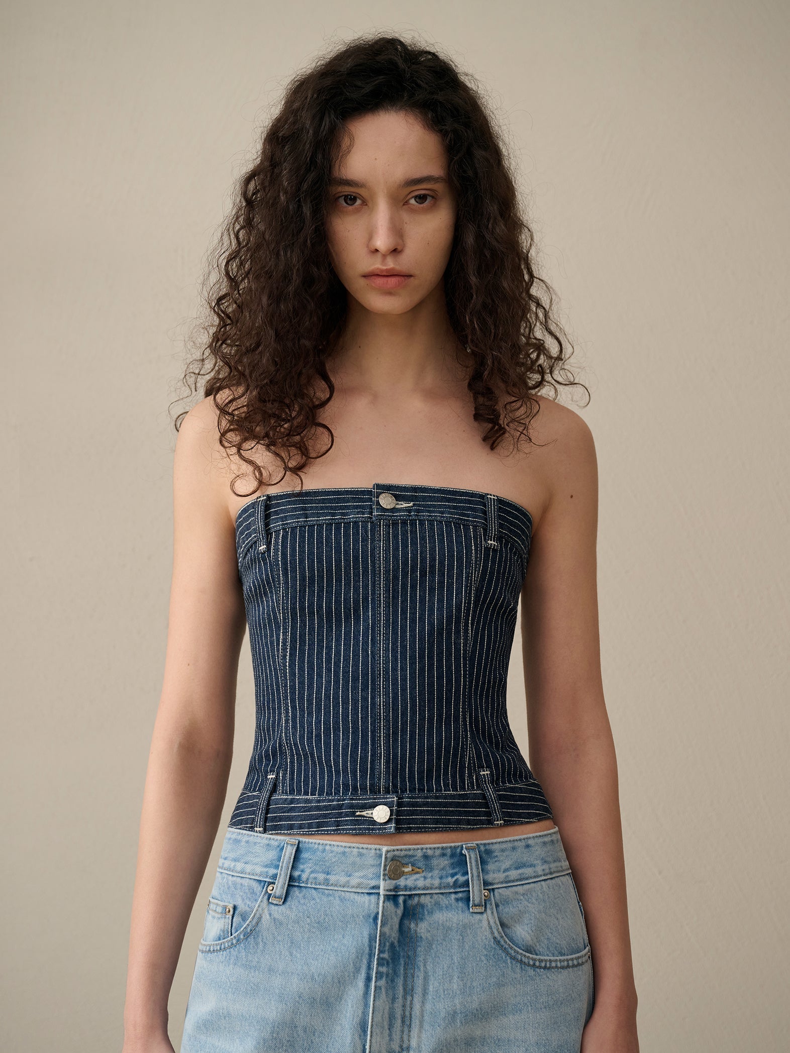 Patchwork Striped Cotton Stretch Denim Vest