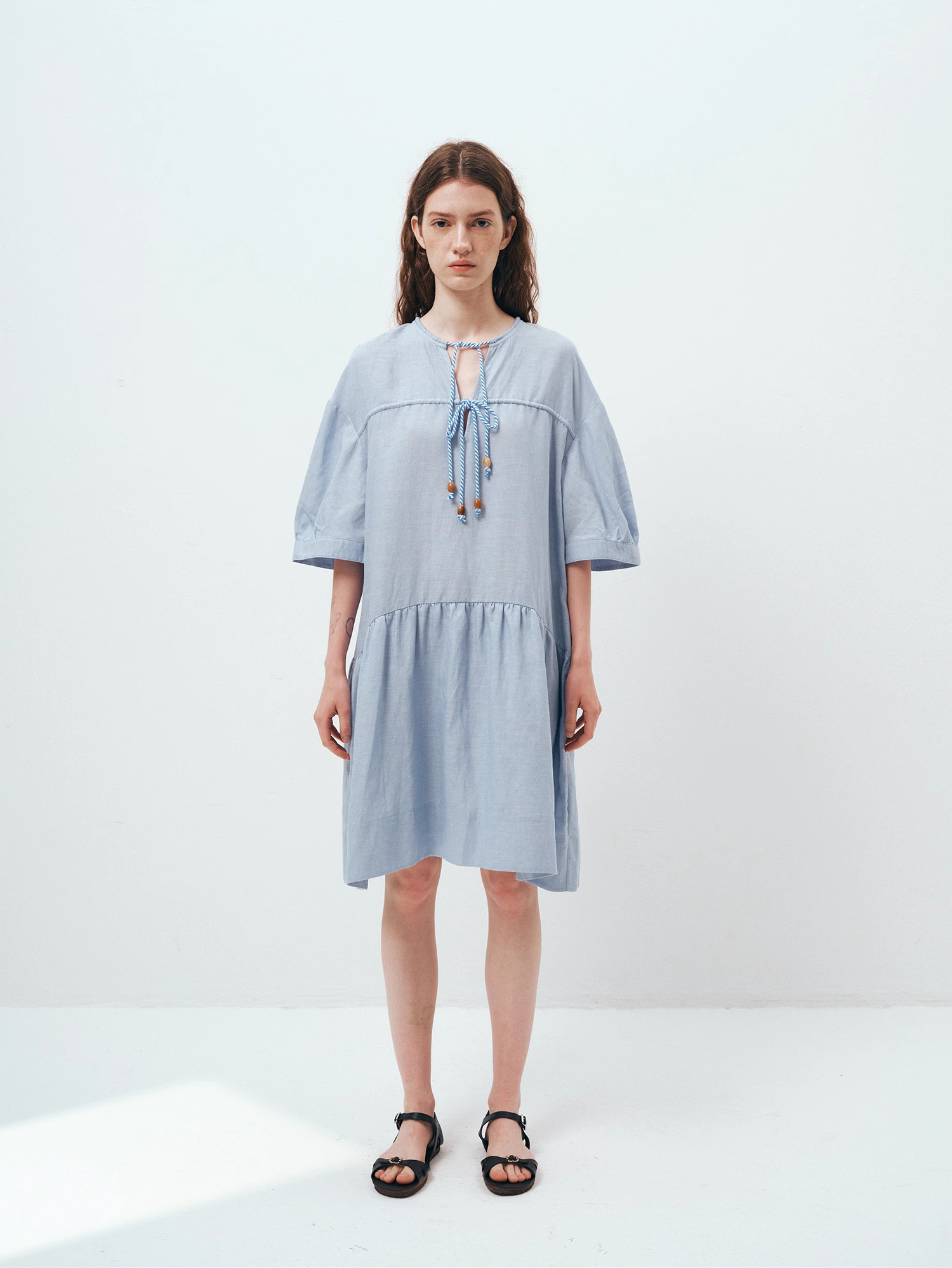 V-Neck Linen-Blend Midi Dress
