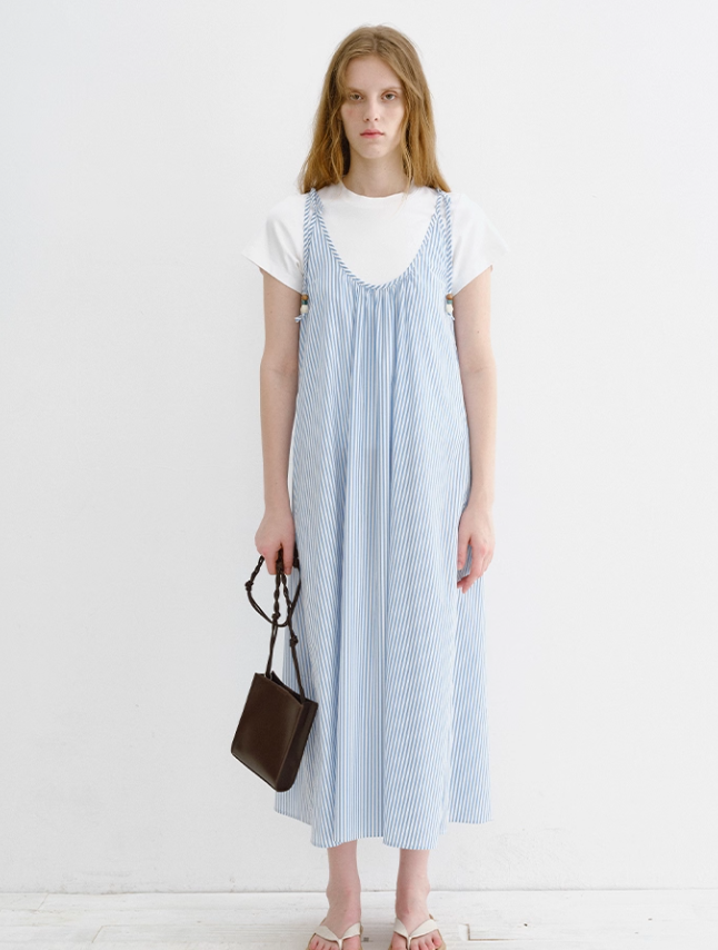 Beaded Spaghetti Strap Blue & White Striped Dress
