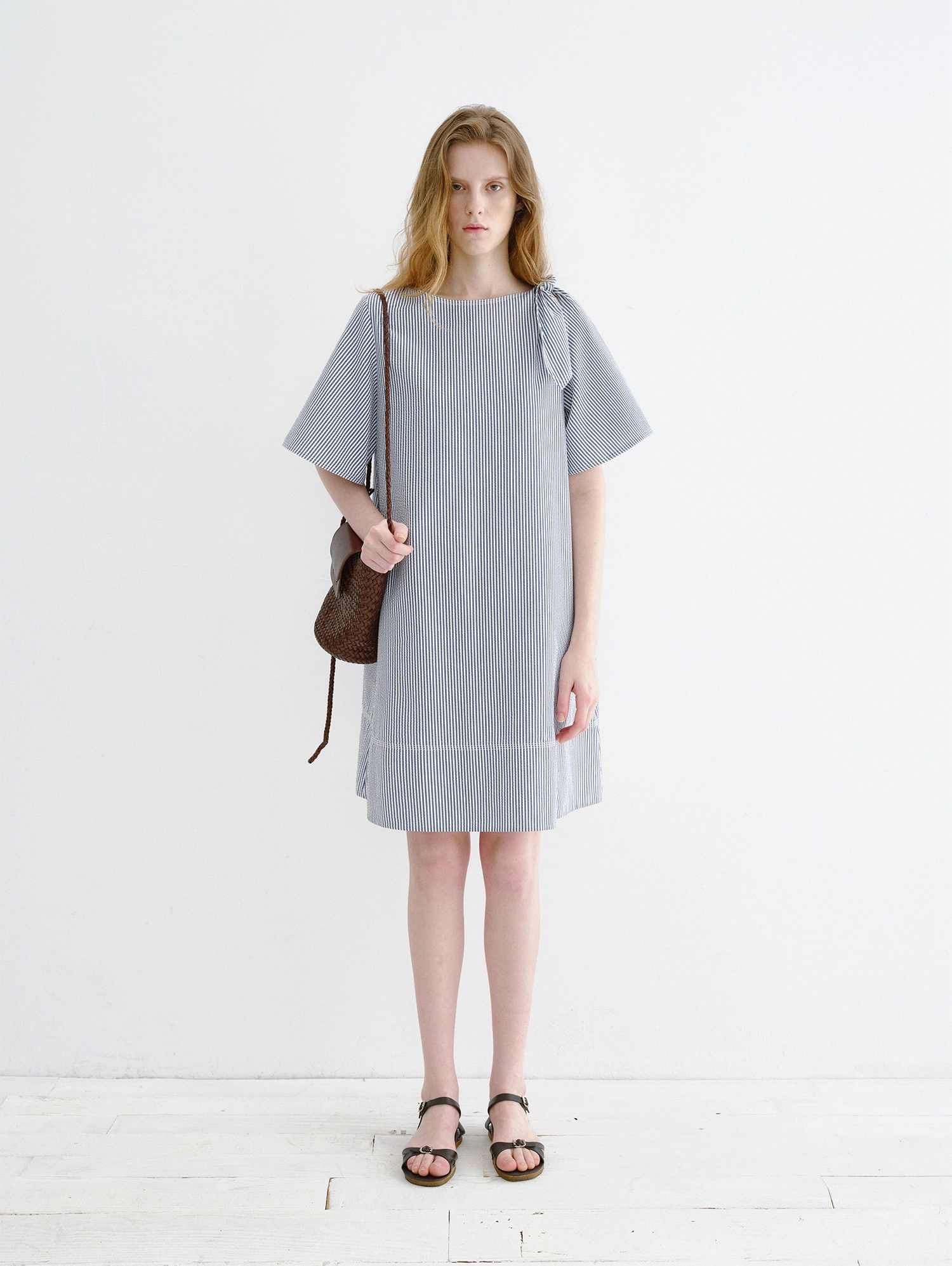 Textured Shoulder-Tie Short Sleeve Dress