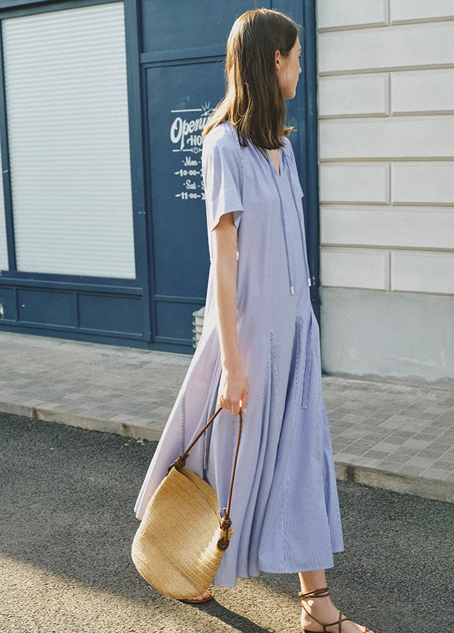 Drawstring Tie Waist V-Neck Dress