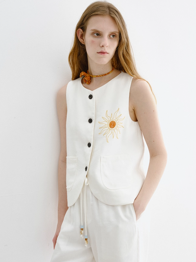 Linen-Blend Sleeveless Embroidered Vest