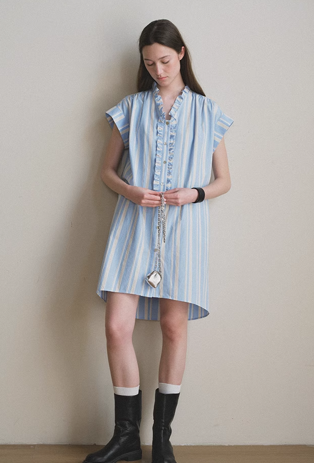 Cotton Striped Ruffle Shirt Dress