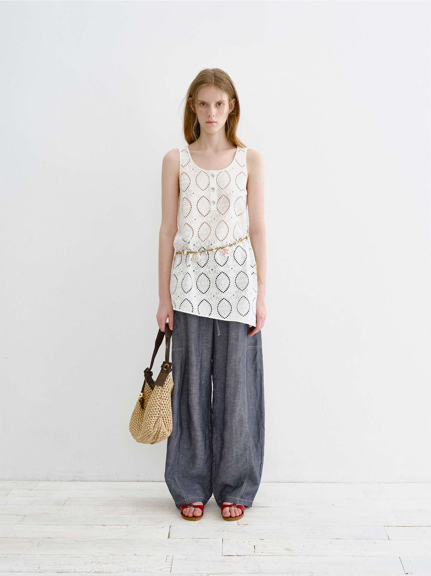 Embroidered Asymmetric Eyelet Vest