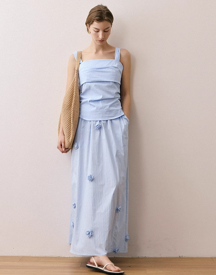 Floral Strappy Top & Striped High-Waist Skirt Set