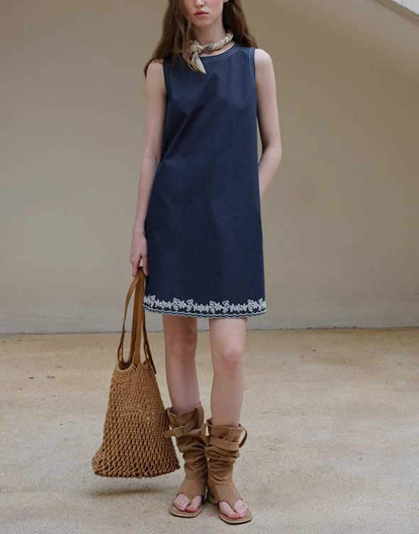 Beaded Embroidered Sleeveless Denim-Look Dress