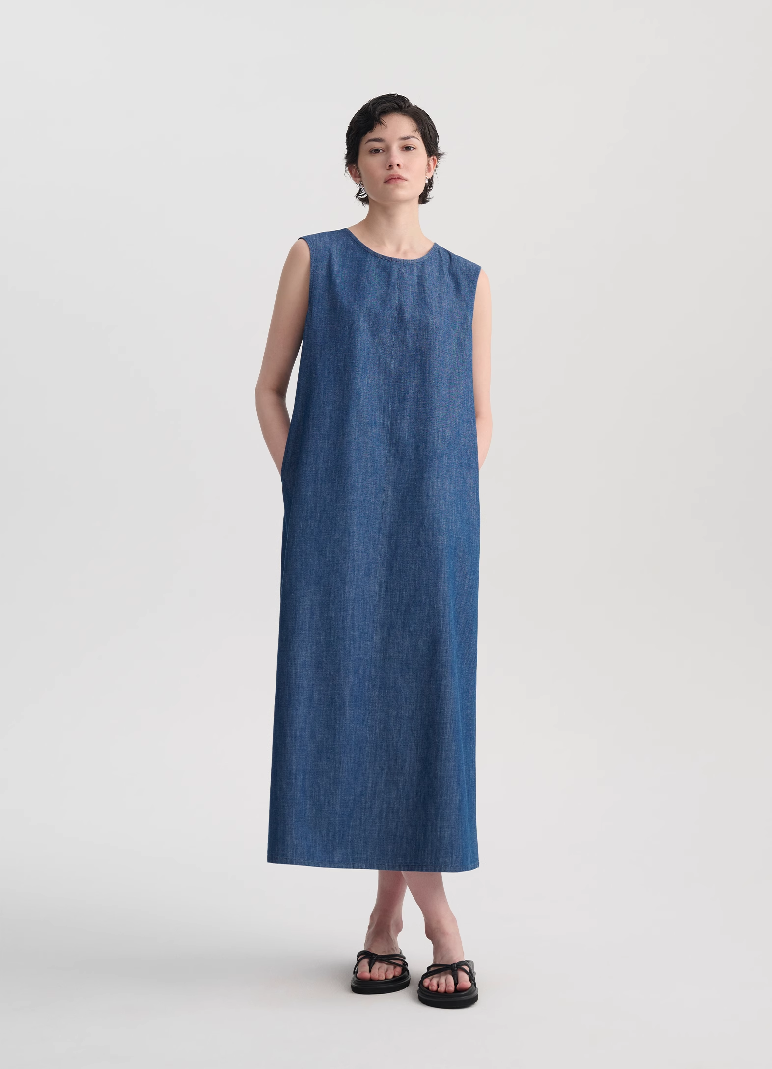 Back Tie Open-Back Denim Maxi Dress