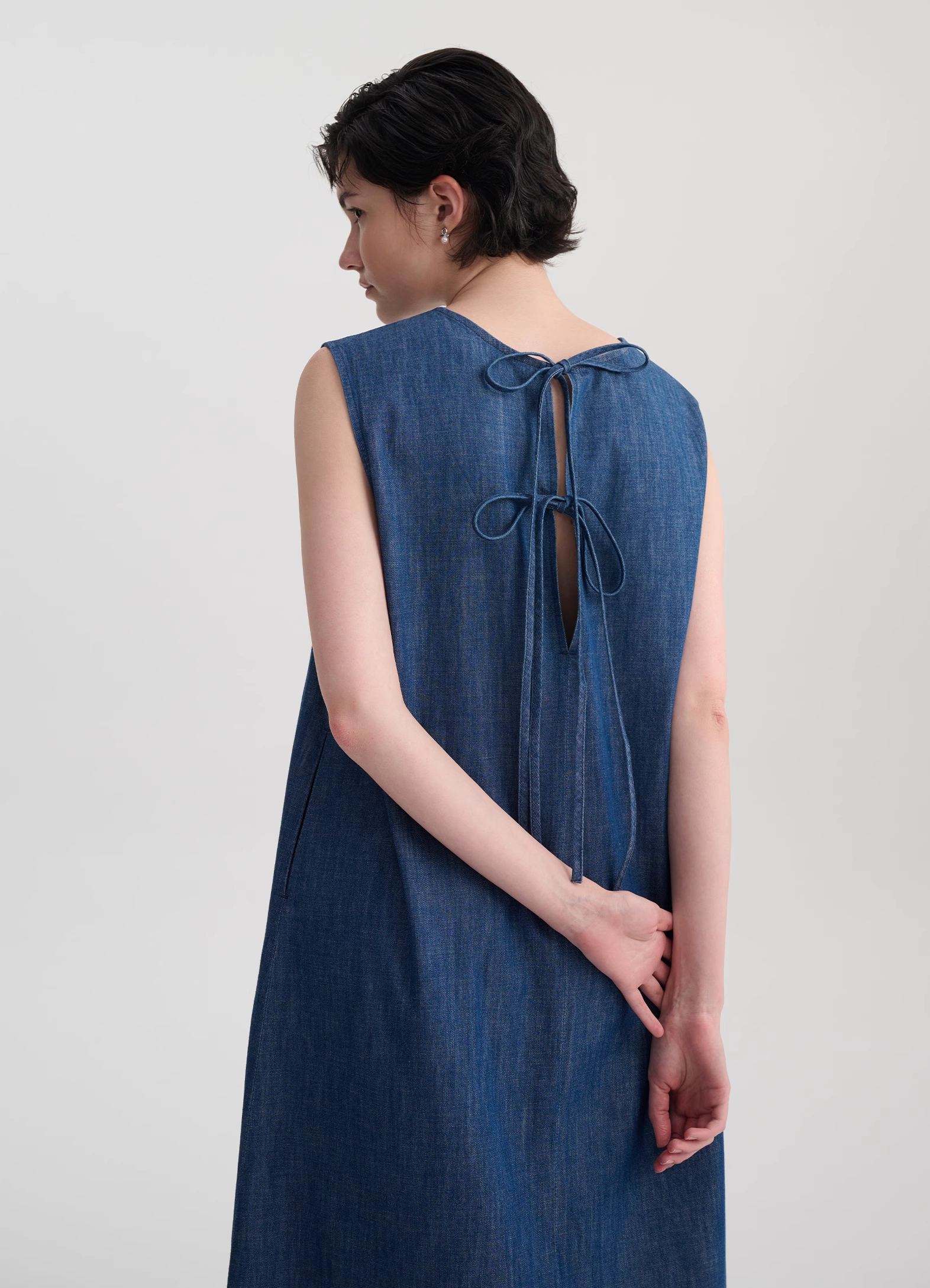 Back Tie Open-Back Denim Maxi Dress