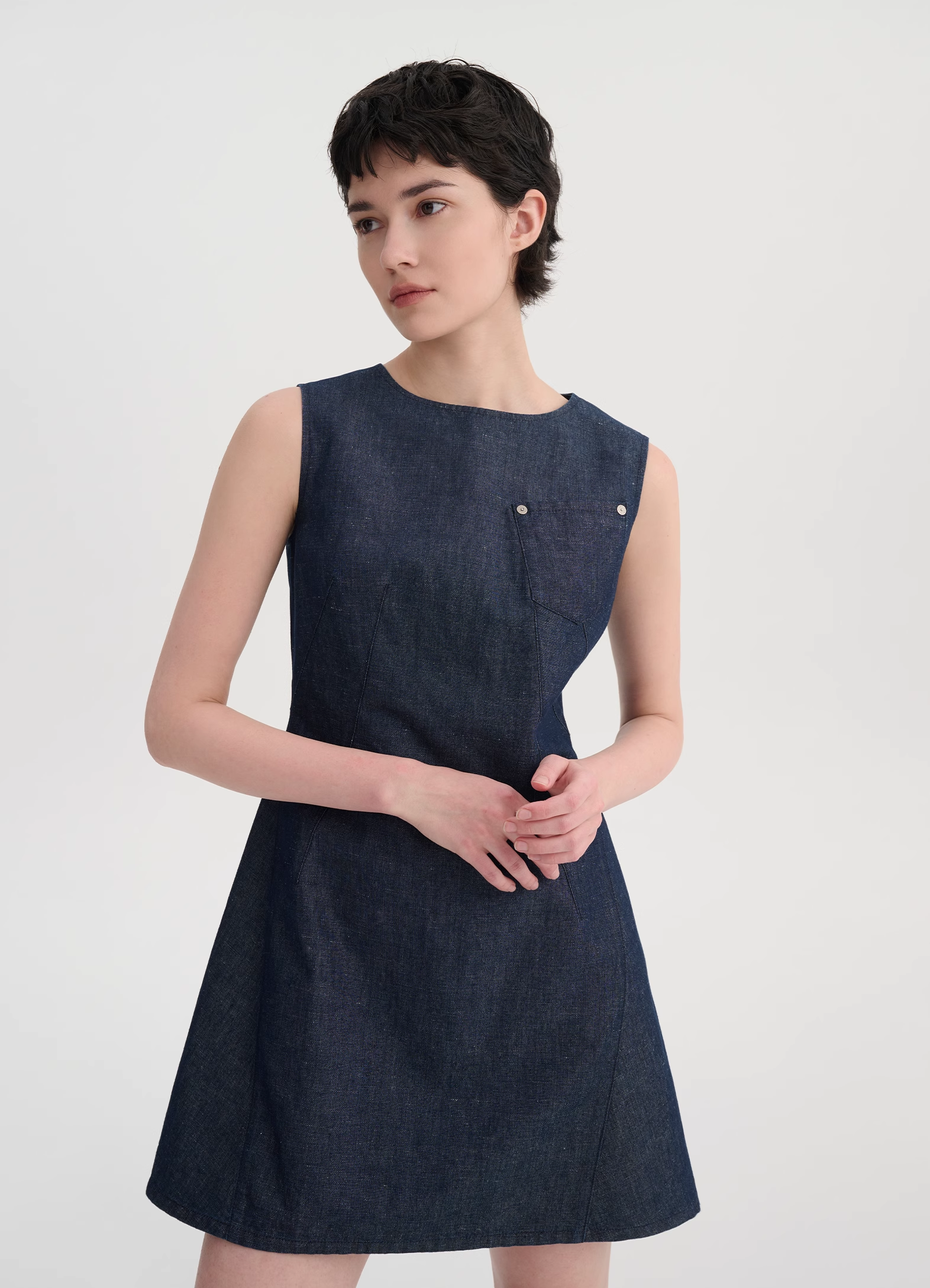 Vintage-Inspired Cotton-Linen Denim Dress
