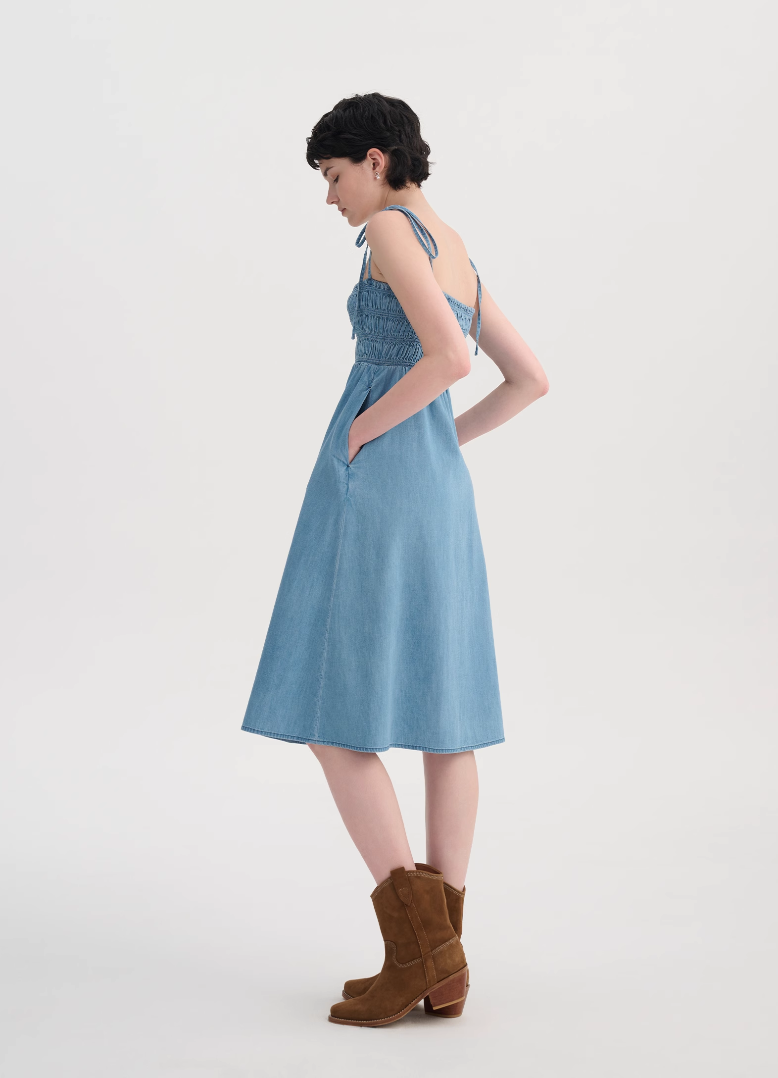 French Vintage Tie-Front Denim Slip Dress