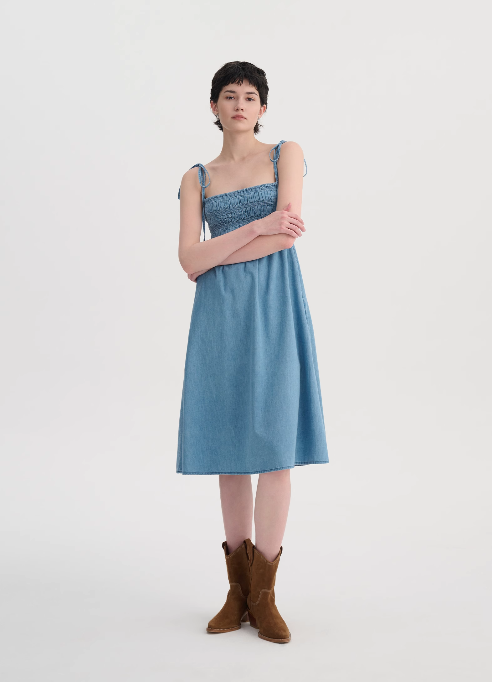 French Vintage Tie-Front Denim Slip Dress