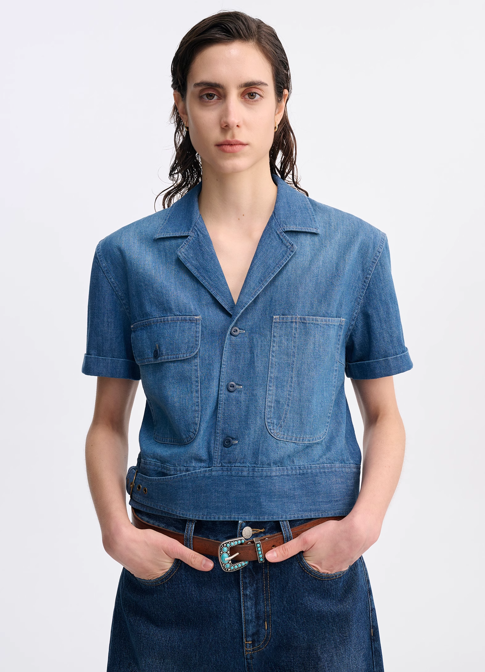 Collared Button-Down Short Sleeve Denim Shirt