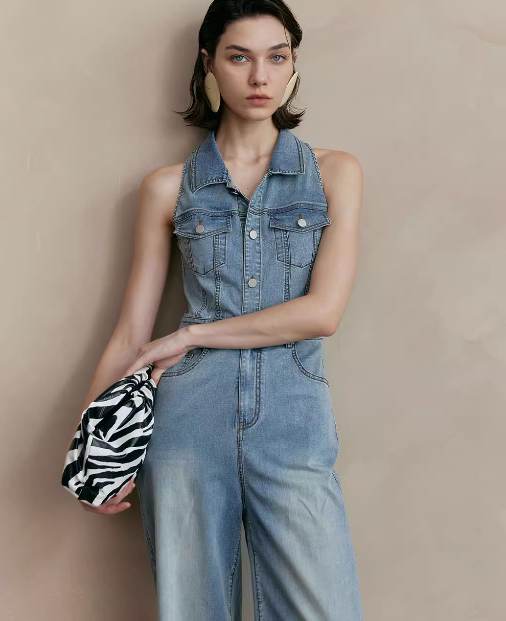 Sleeveless Denim High-Waist Jumpsuit