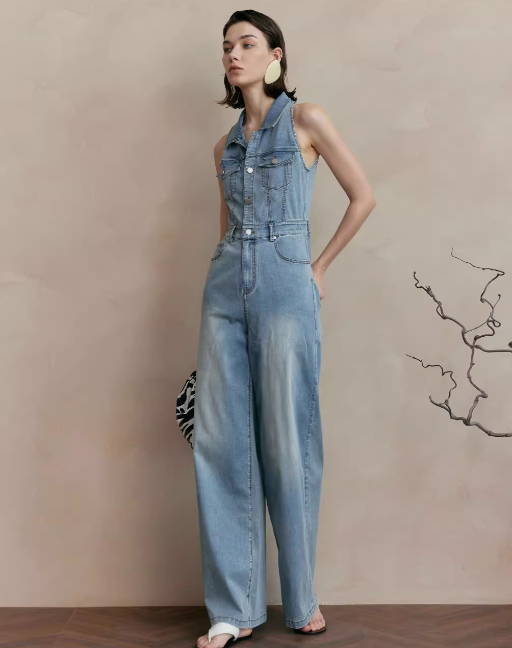 Sleeveless Denim High-Waist Jumpsuit