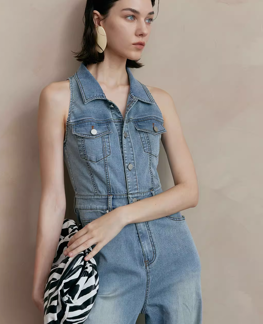 Sleeveless Denim High-Waist Jumpsuit