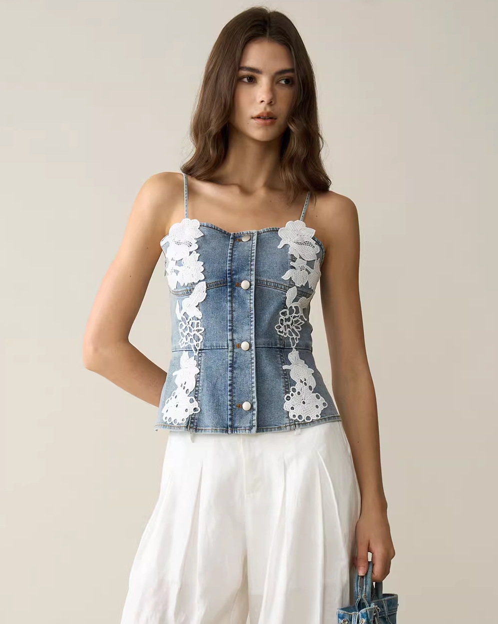 Lace-Trim Denim Cami Top