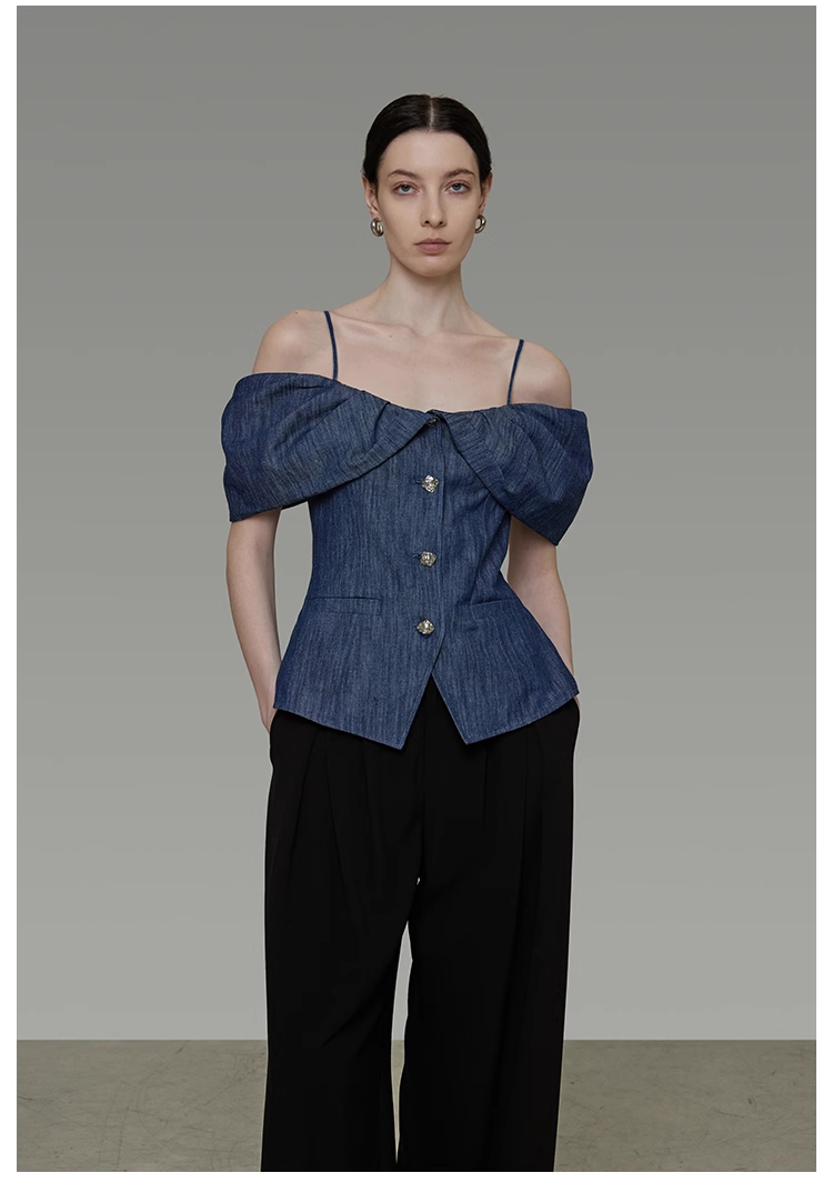 French Puff Sleeve Off-Shoulder Denim Top