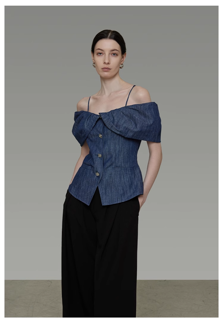 French Puff Sleeve Off-Shoulder Denim Top