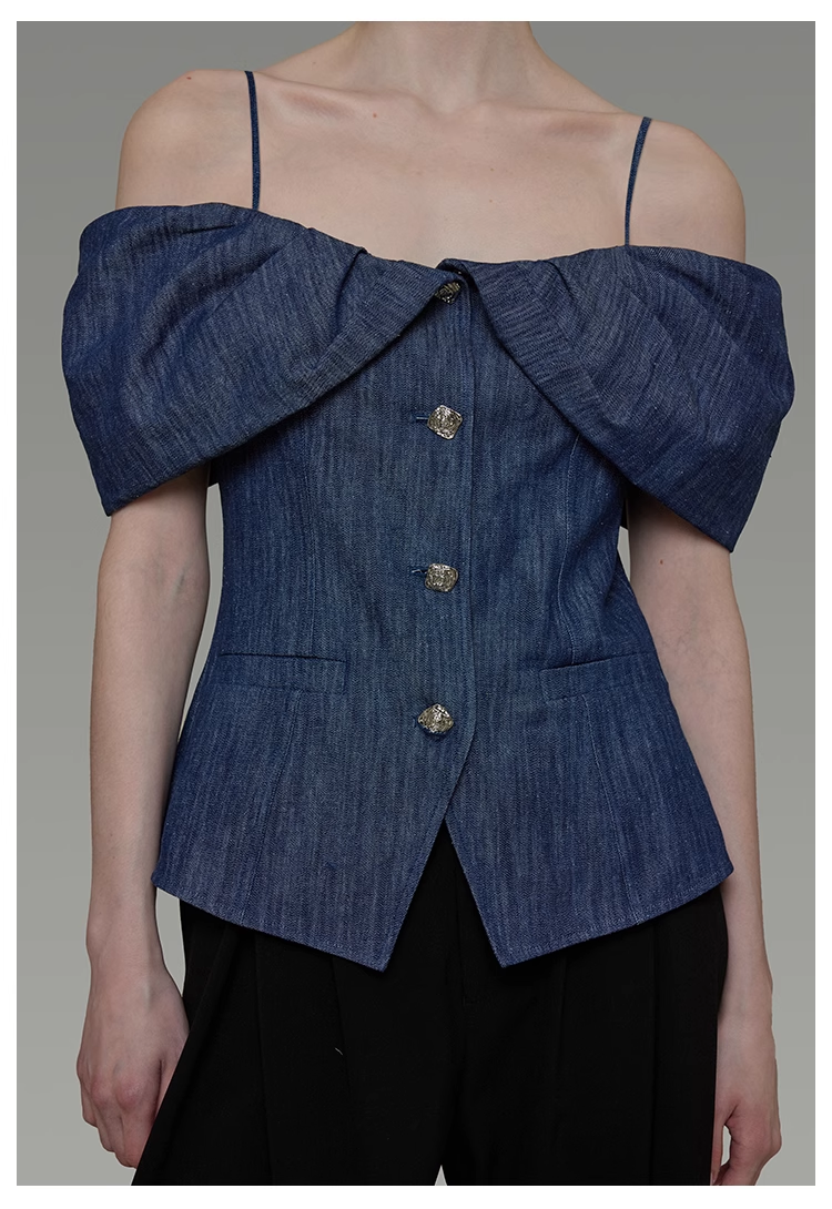 French Puff Sleeve Off-Shoulder Denim Top