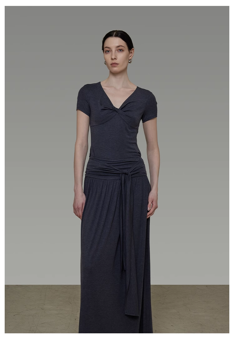 Knotted V-Neck Knit Tee & Draped Slim Skirt Set