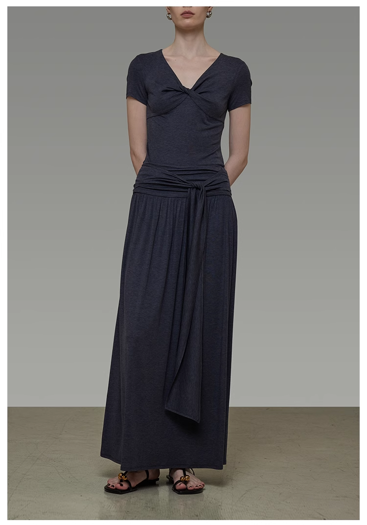 Knotted V-Neck Knit Tee & Draped Slim Skirt Set
