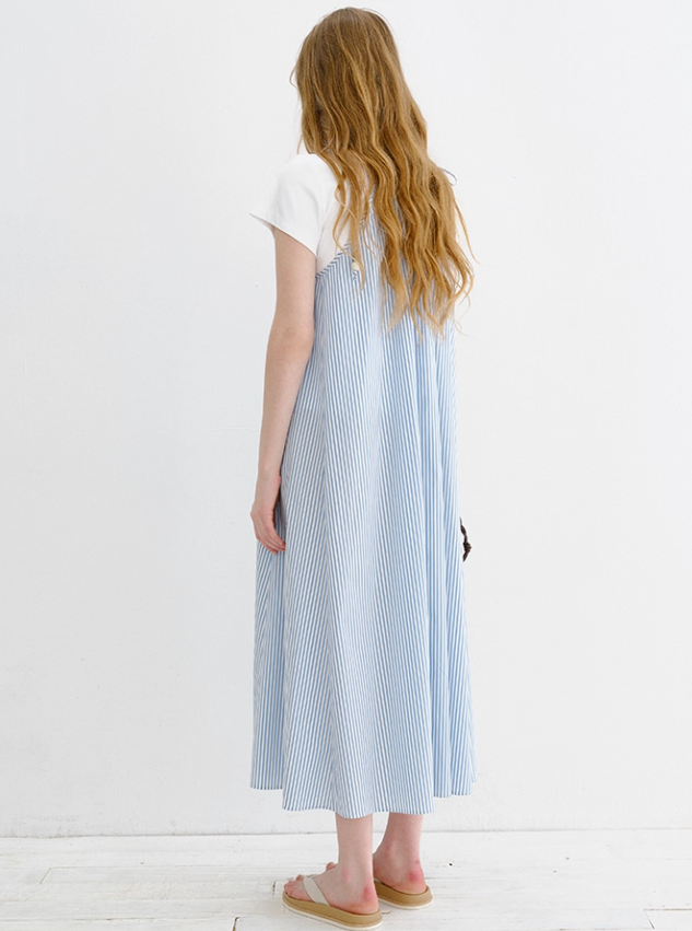 Beaded Spaghetti Strap Blue & White Striped Dress