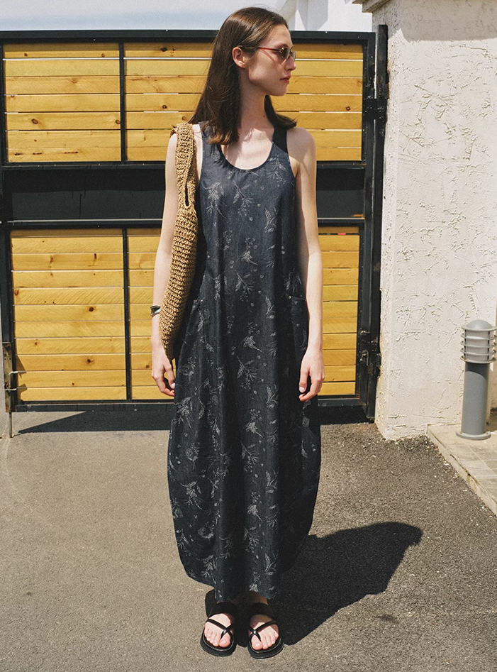 Vintage Floral Denim Sleeveless Dress