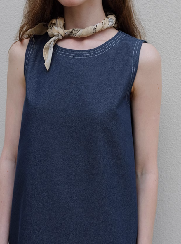 Beaded Embroidered Sleeveless Denim-Look Dress