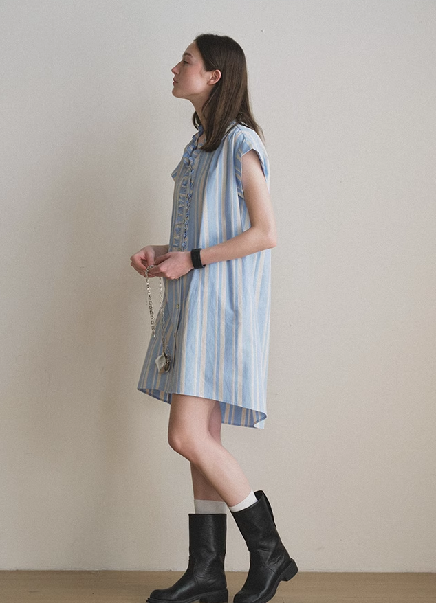 Cotton Striped Ruffle Shirt Dress