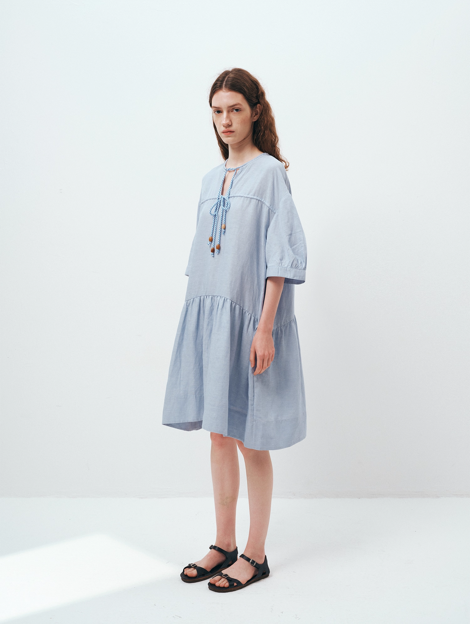 V-Neck Linen-Blend Midi Dress