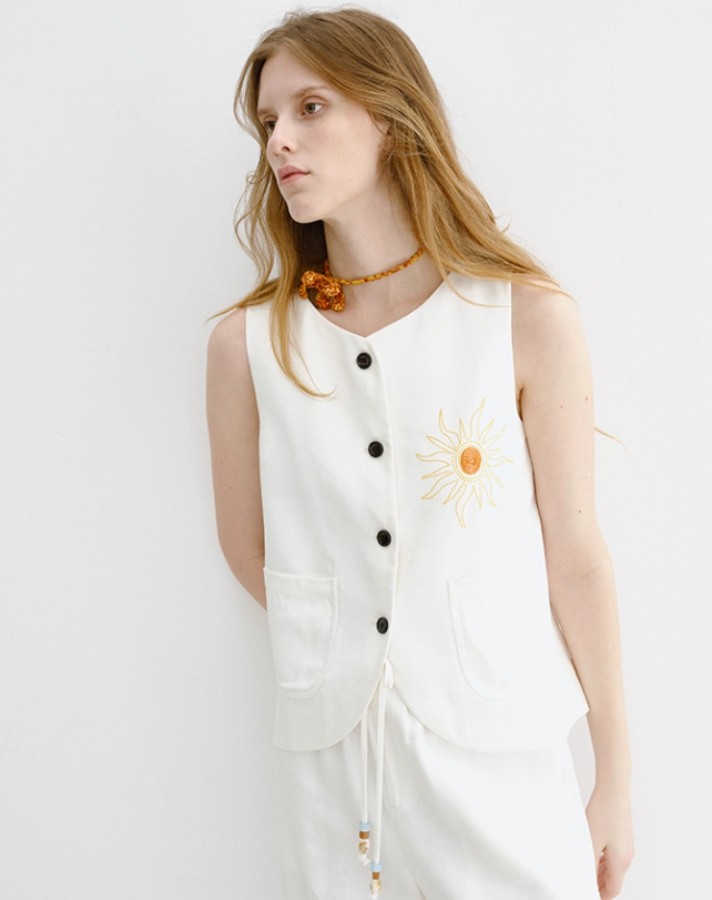 Linen-Blend Sleeveless Embroidered Vest