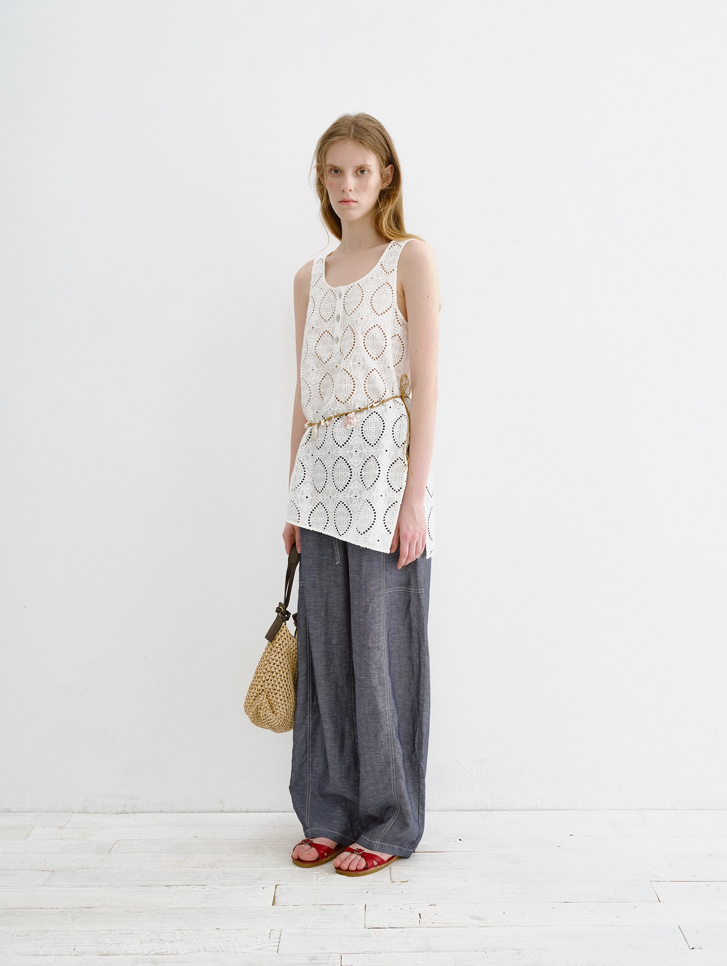 Embroidered Asymmetric Eyelet Vest