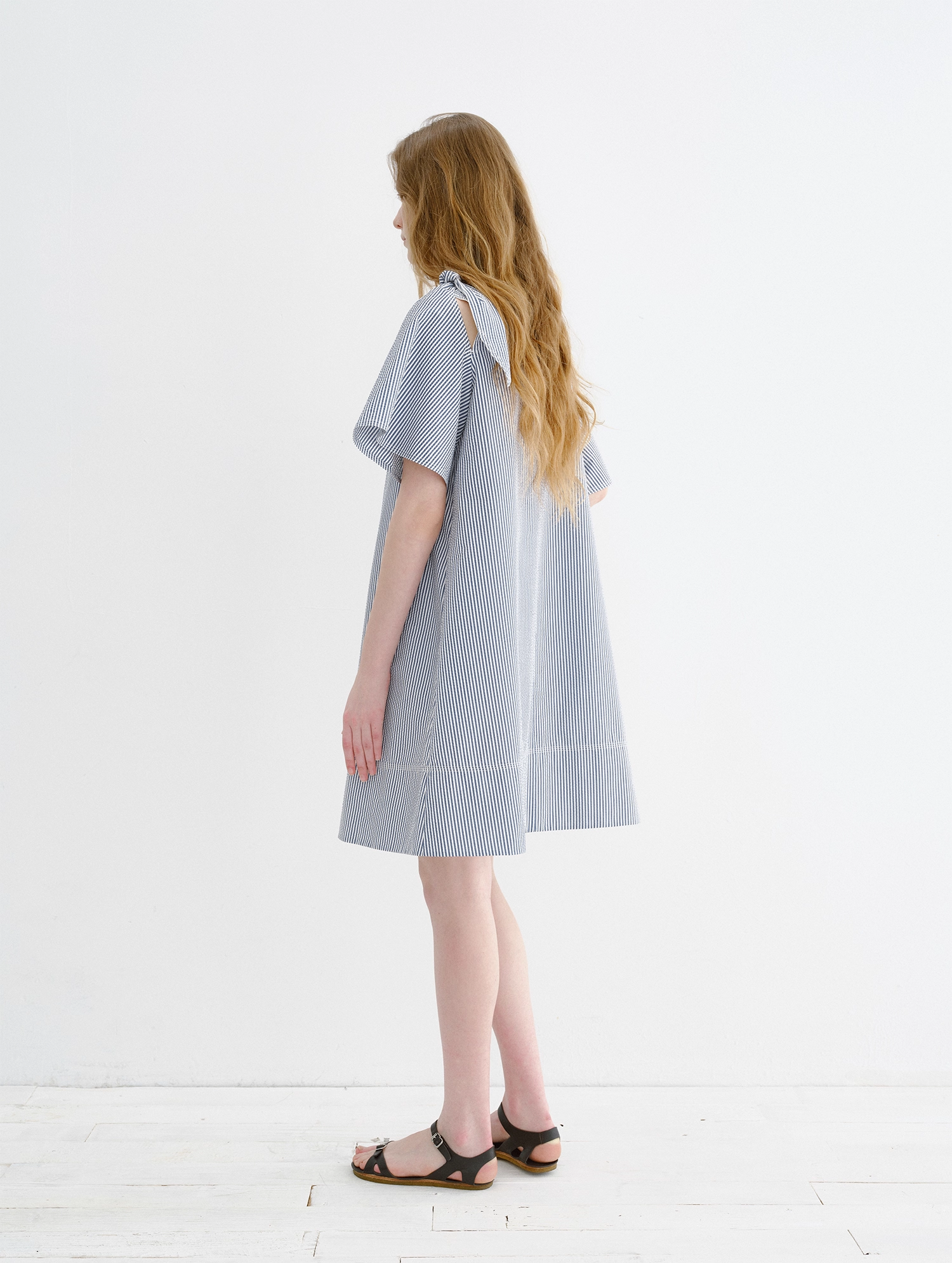 Textured Shoulder-Tie Short Sleeve Dress