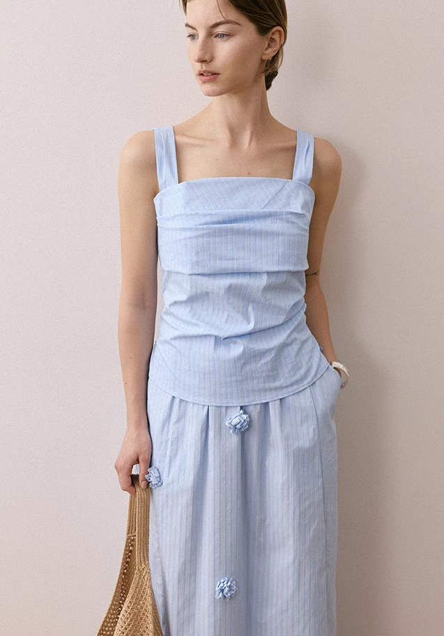 Floral Strappy Top & Striped High-Waist Skirt Set