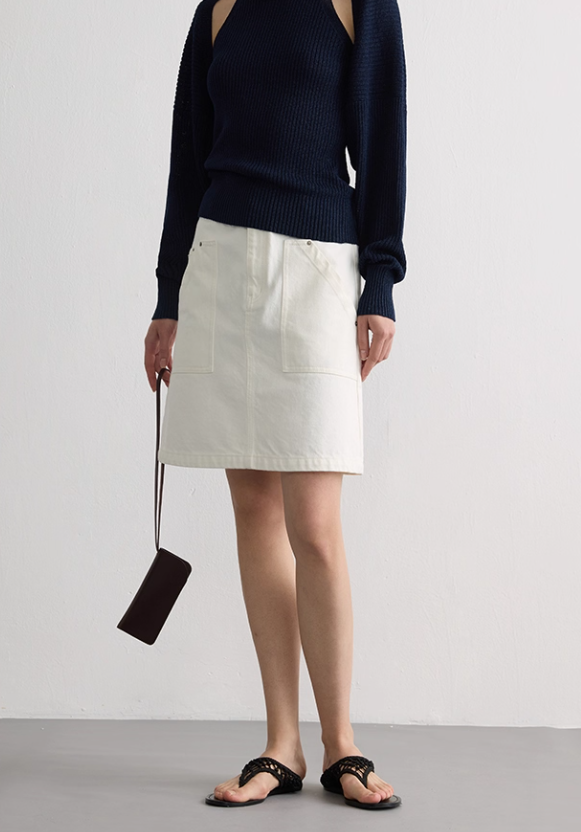Washed Denim Pocket A-Line Skirt