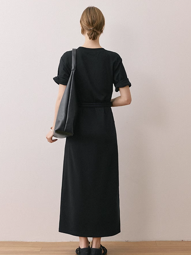 Rolled-Sleeve Crew Neck T-Shirt Dress