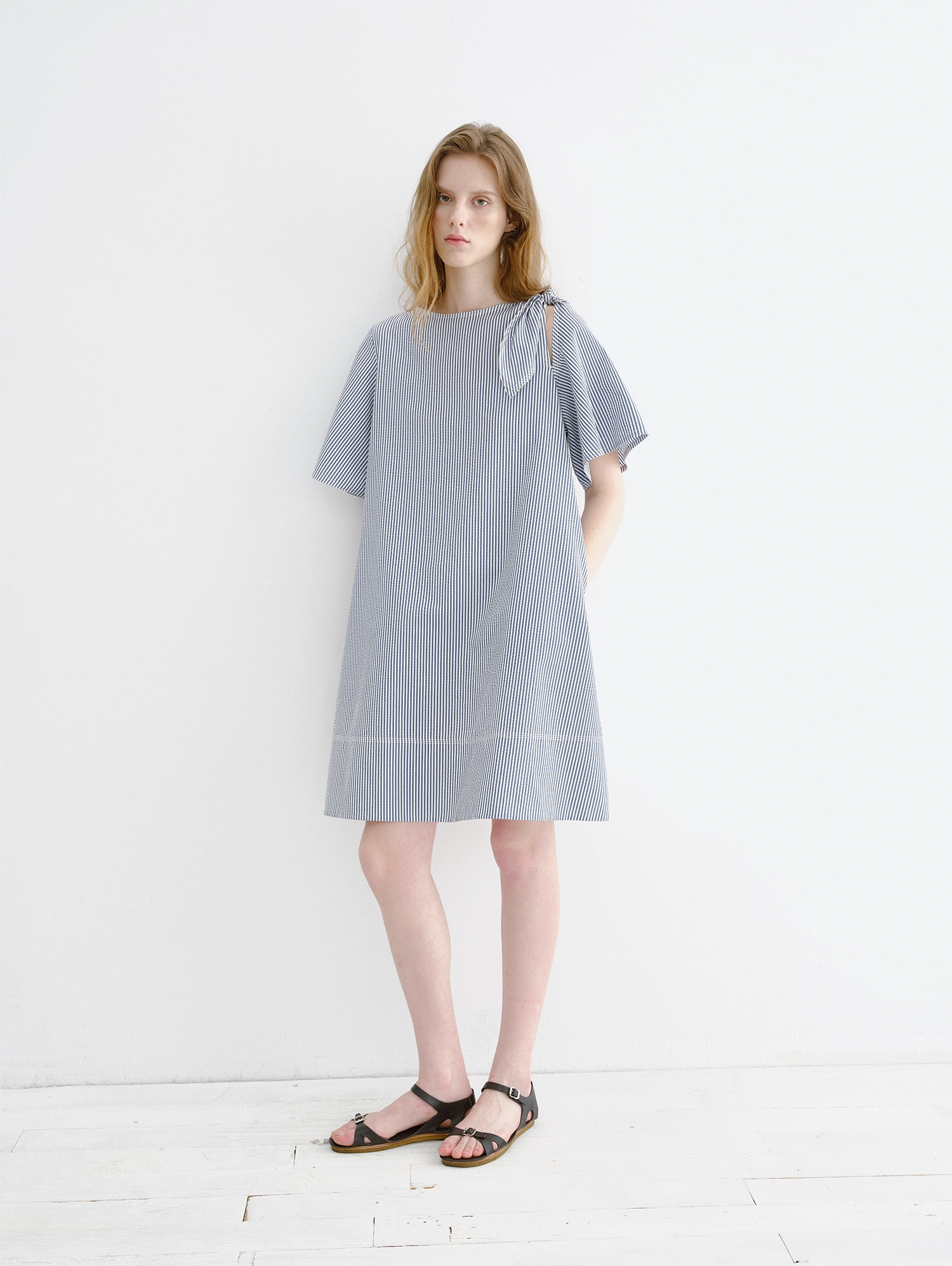 Textured Shoulder-Tie Short Sleeve Dress