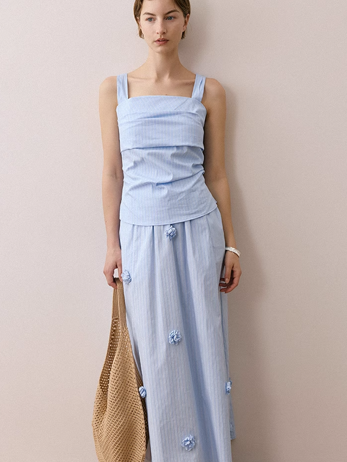 Floral Strappy Top & Striped High-Waist Skirt Set
