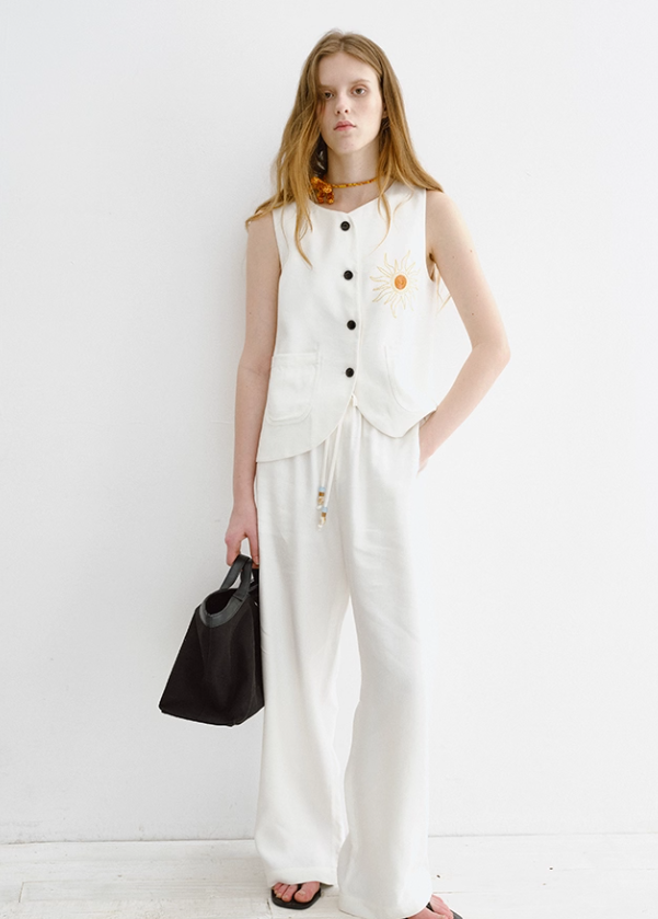 Linen-Blend Sleeveless Embroidered Vest