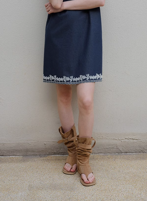 Beaded Embroidered Sleeveless Denim-Look Dress