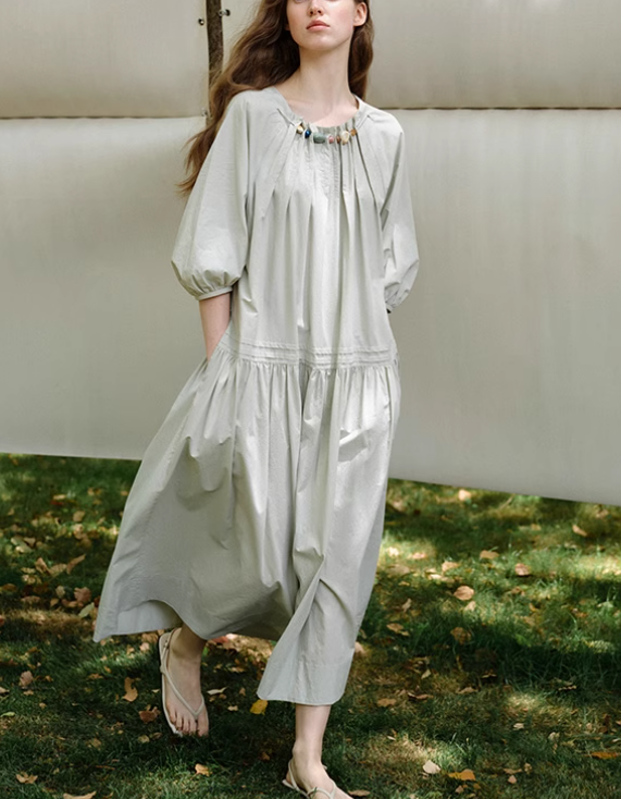Beaded Puff Sleeve Midi Dress
