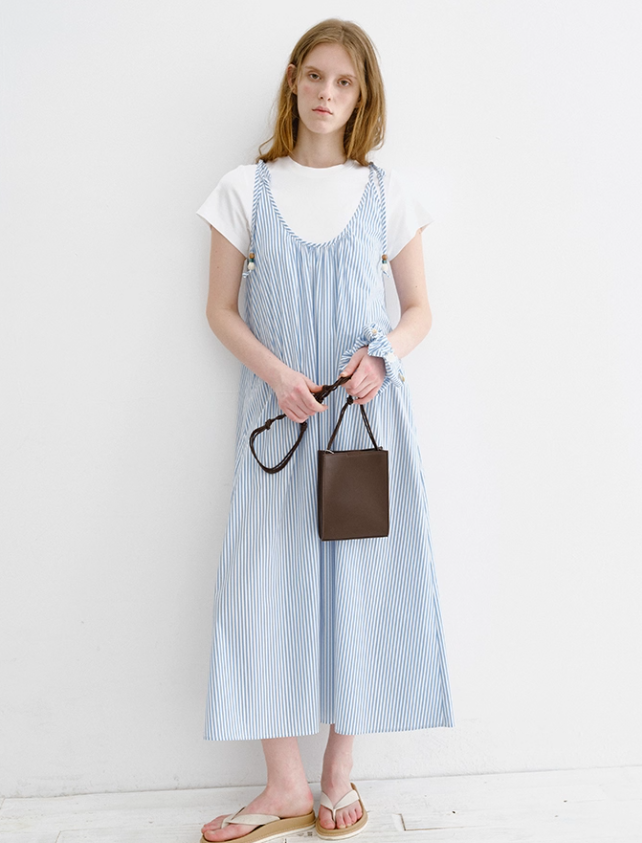 Beaded Spaghetti Strap Blue & White Striped Dress