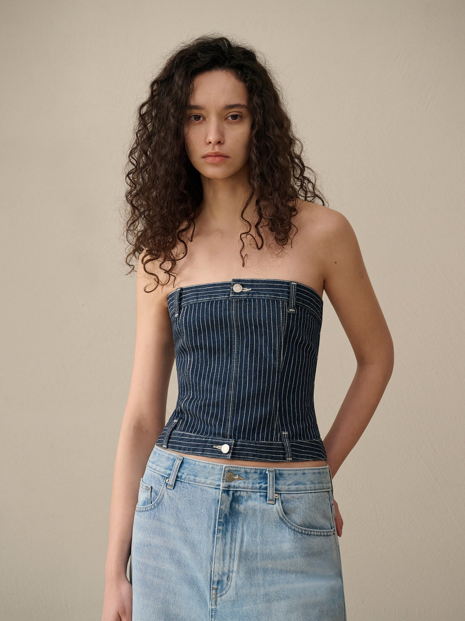 Patchwork Striped Cotton Stretch Denim Vest