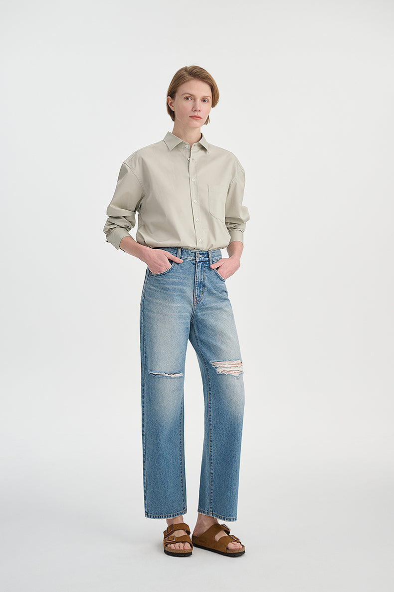 Vintage-Inspired Distressed Straight-Leg Jeans